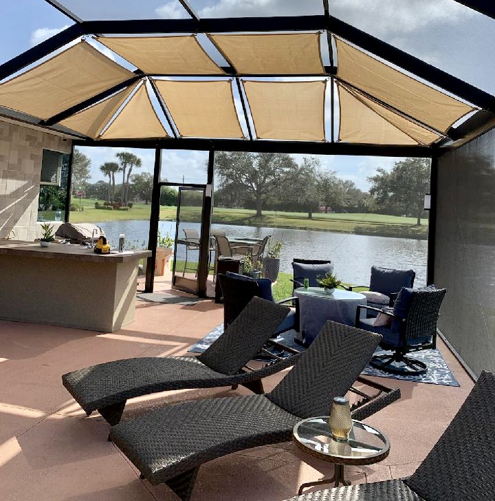Sand colored Solomesh overhead shade sails in central Florida